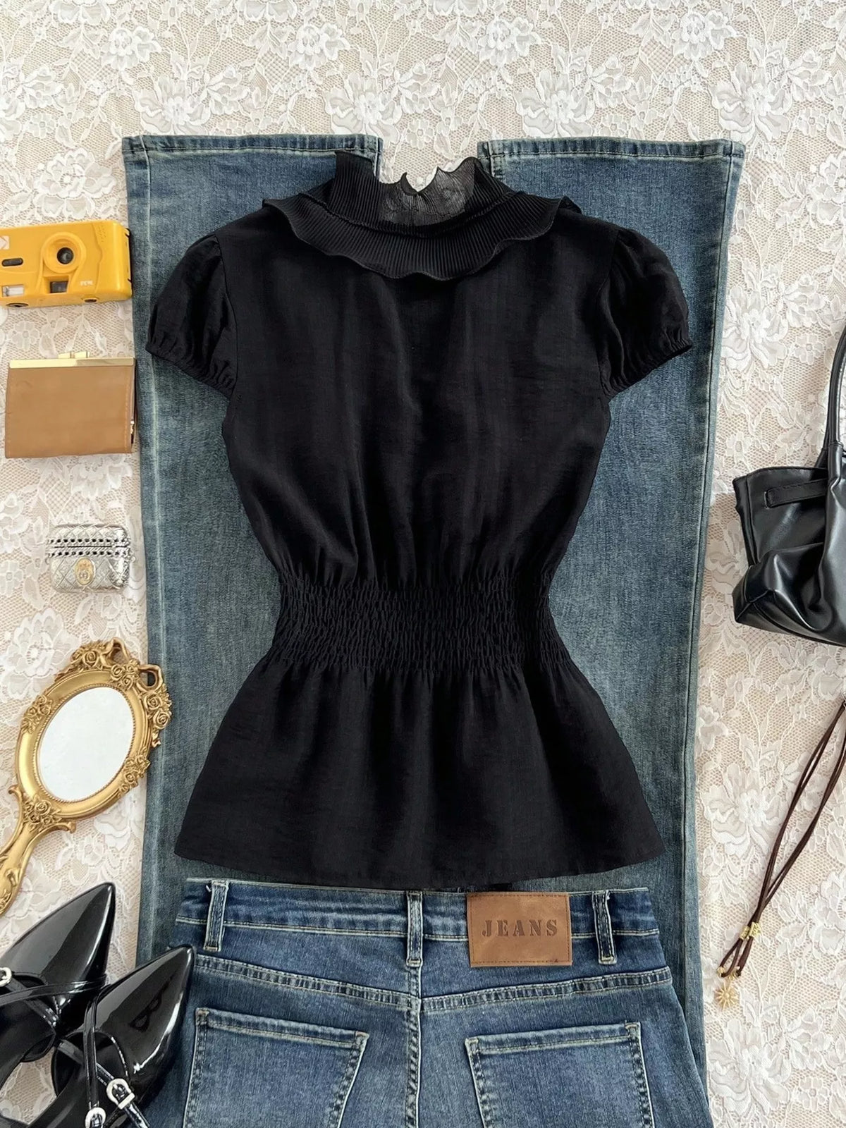 Ruffled V-Neck Blouse with Smocked Waist