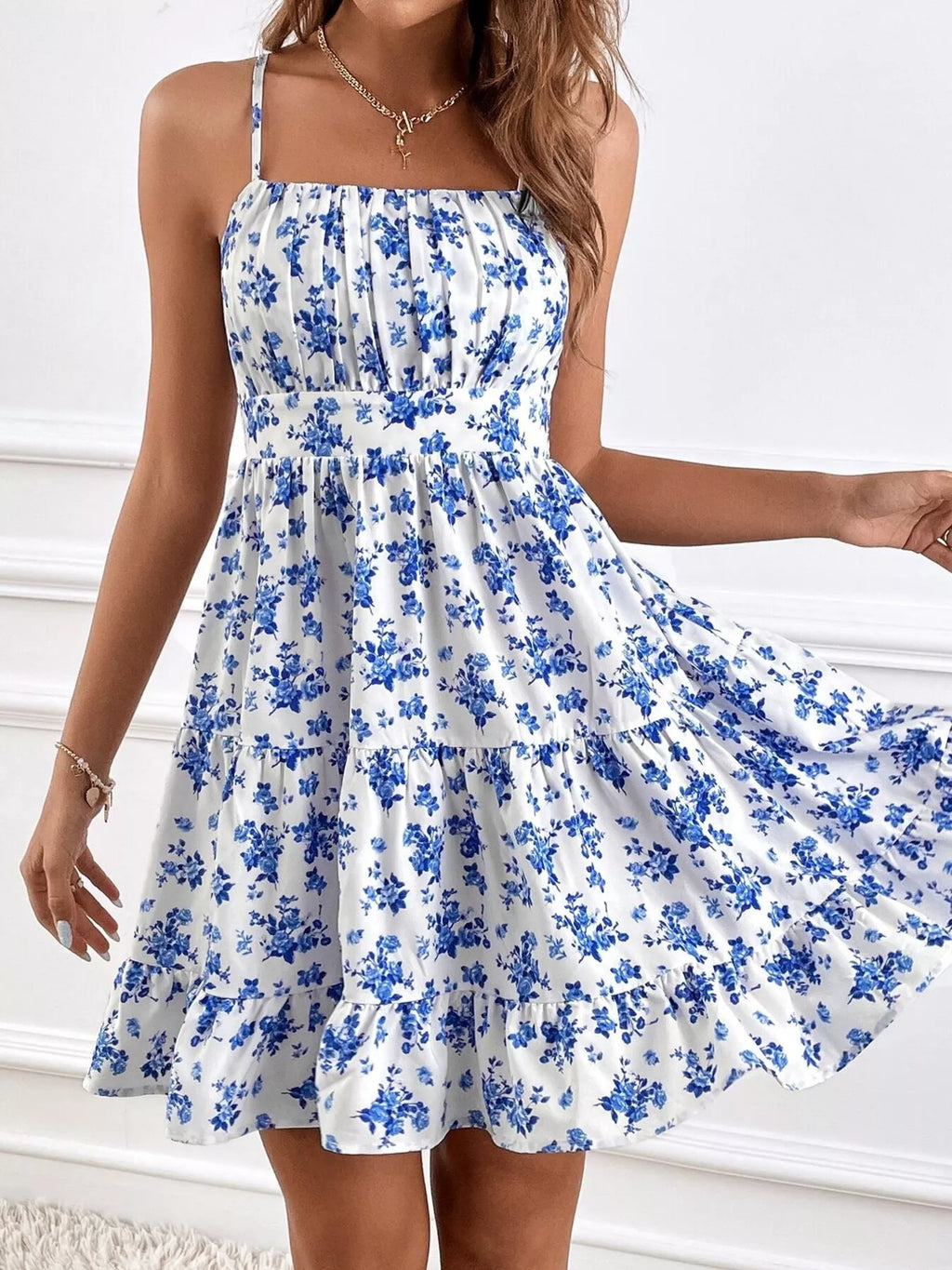 Floral Print Spaghetti Strap Tiered Mini Dress
