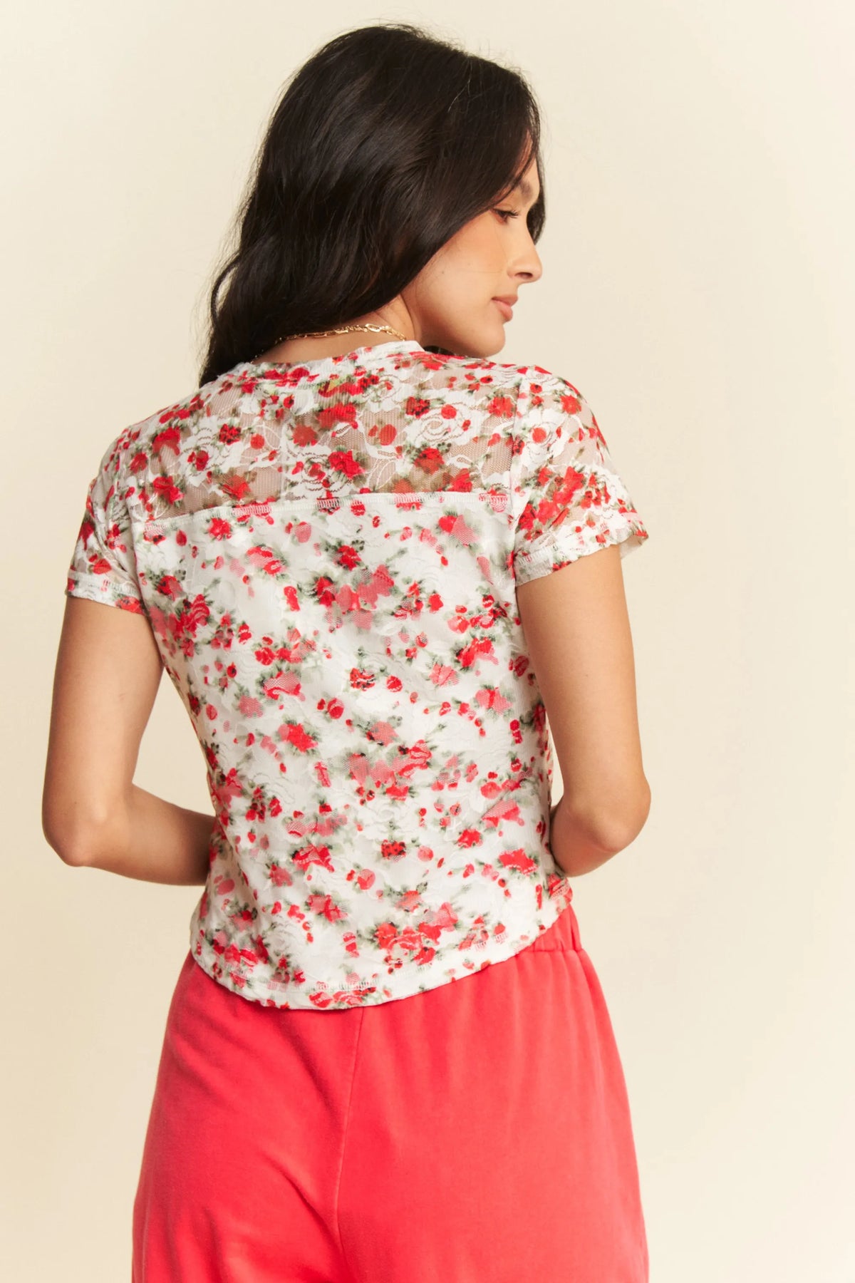 Davi & Dani Ribbon Short Sleeve Layered Mesh Top