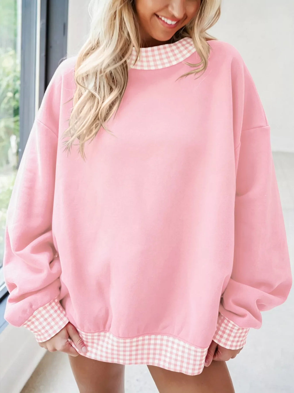 Gingham Trim Dropped Shoulder Sweatshirt