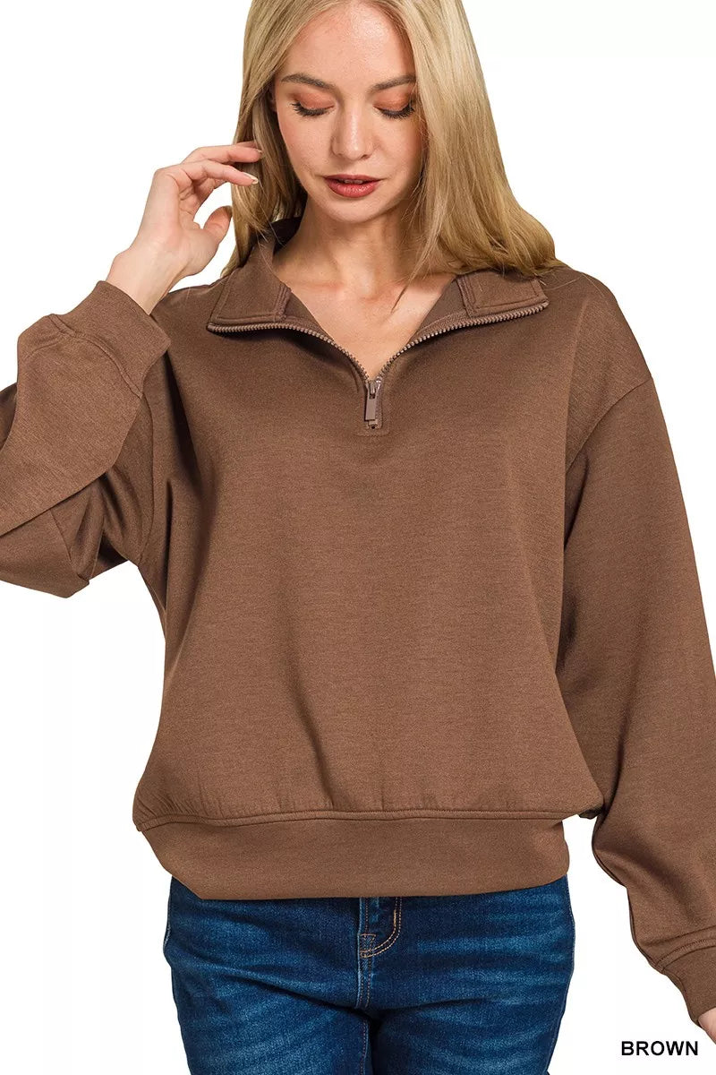Zenana Scuba Half Zip Pullover Sweatshirt