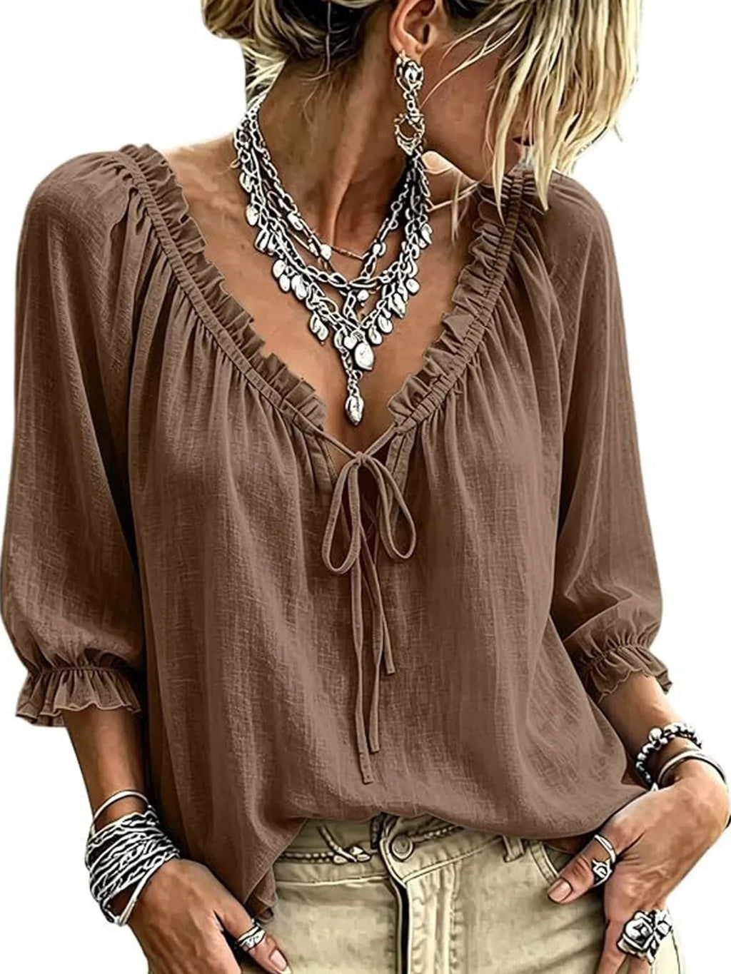 Frill Tie Neck 3/4 Sleeve Blouse