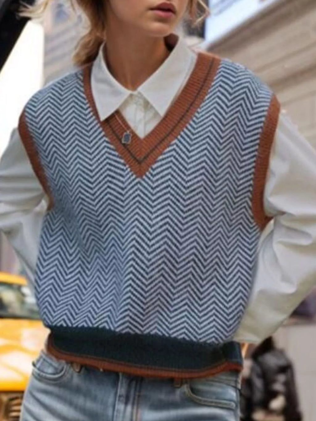 Chevron Pattern V-Neck Knit Sweater Vest