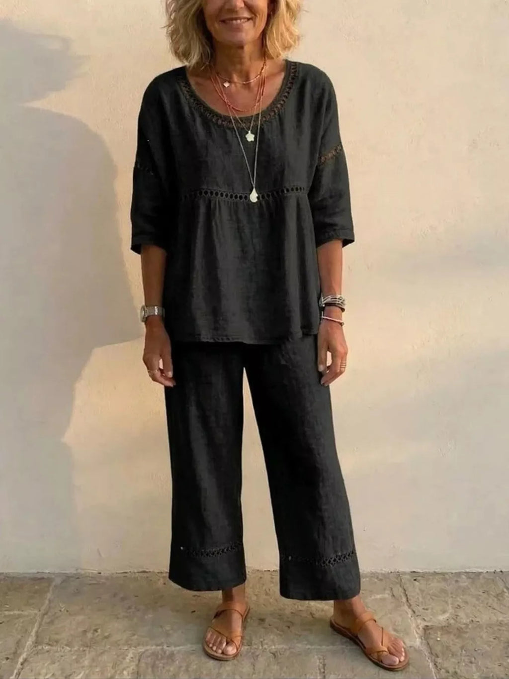 Full Size Hollow-Out Detailing Top and Pants Set Plus Size