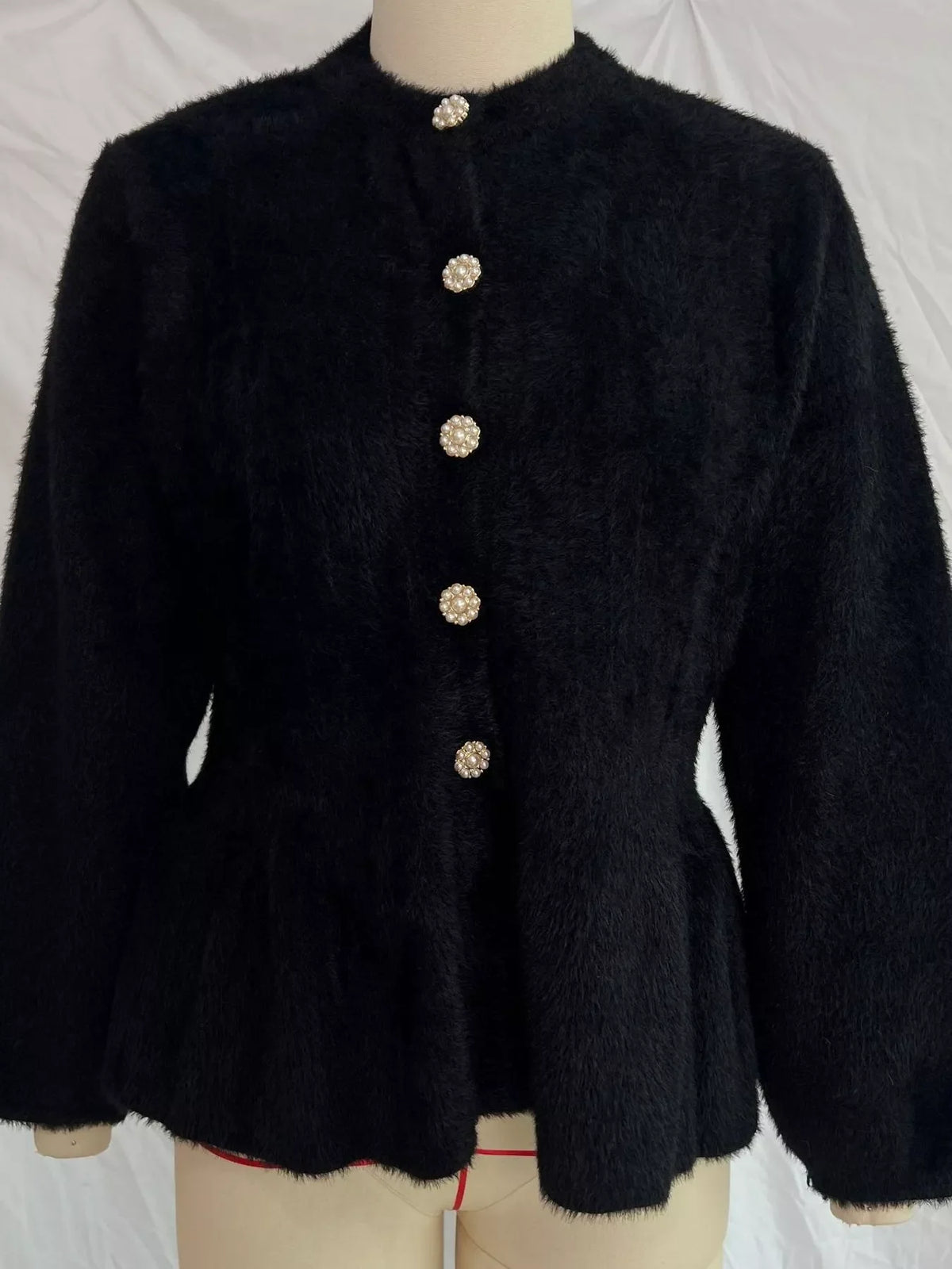 Fuzzy Peplum Cardigan with Pearl Buttons