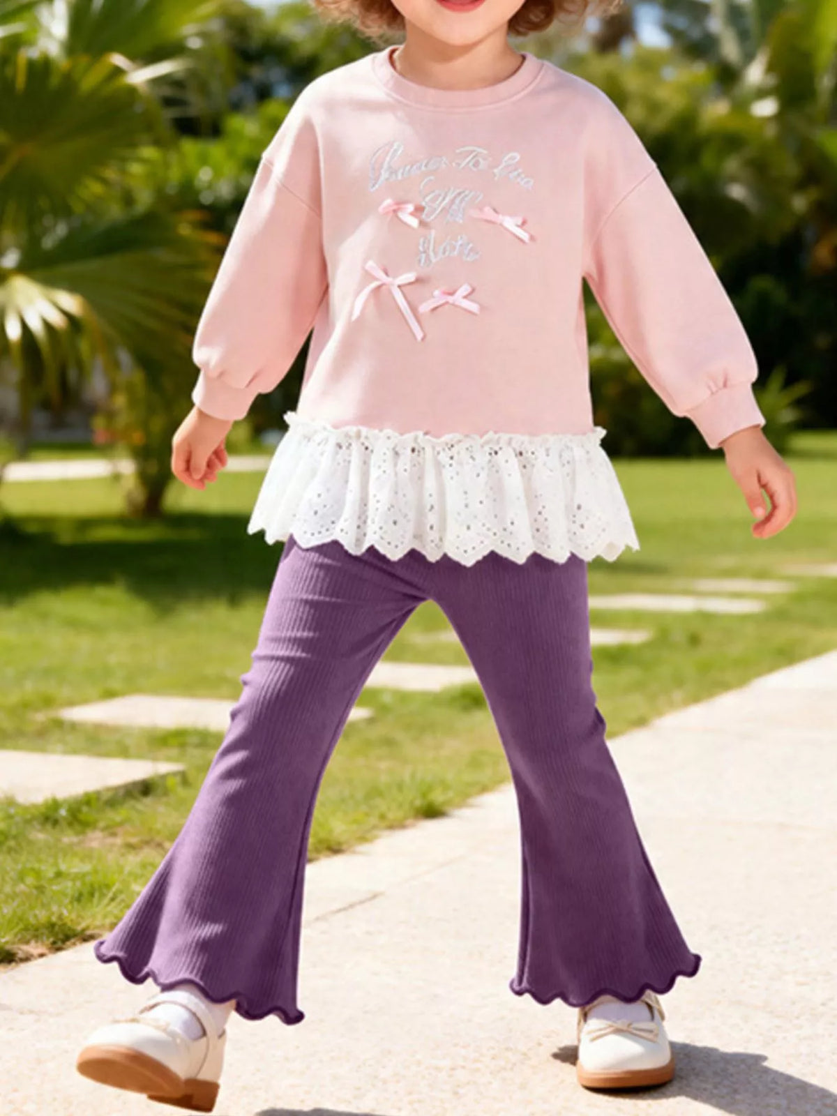 Children's Bow-Embellished Sweatshirt and Flare Pants Set