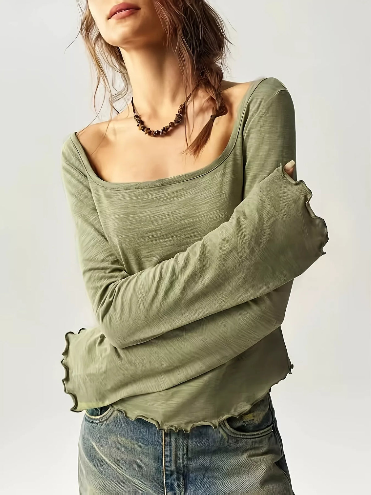 Long Sleeve Square Neck Slim-Fit T-Shirt