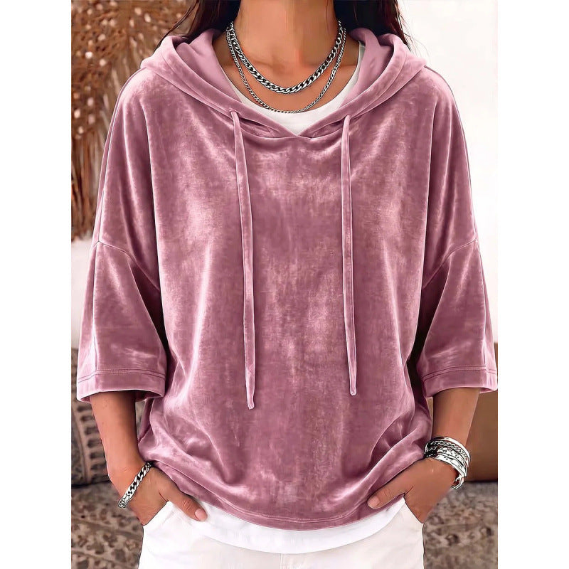 Solid-color Drawstring Three-quarter-sleeve Velvet Hoodie