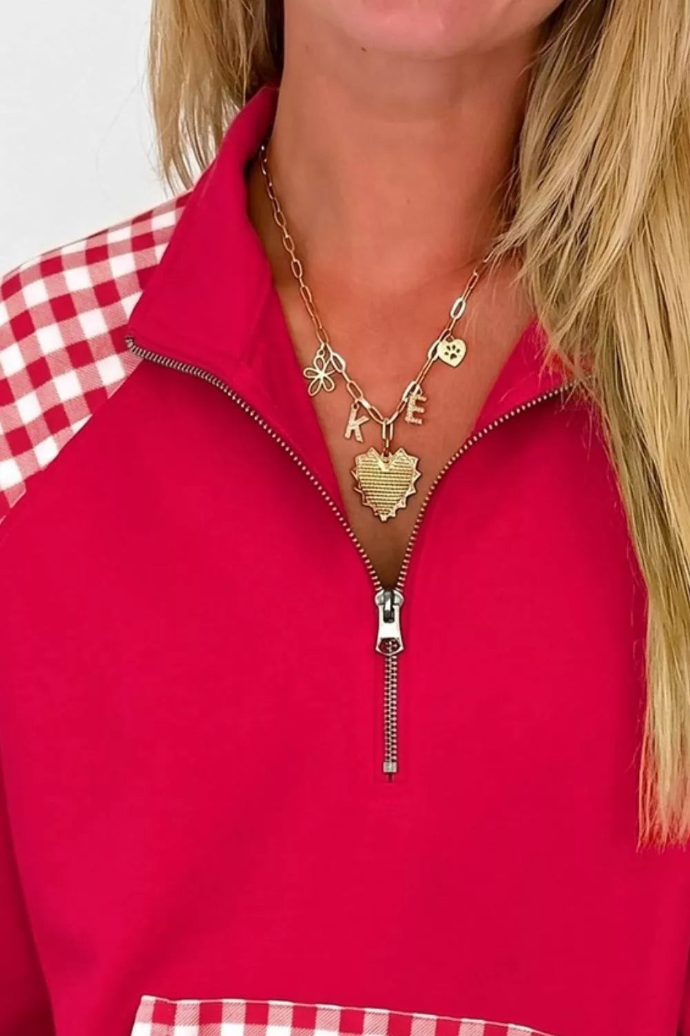 Plaid Kangaroo Pocket Quarter-Zip Sweatshirt