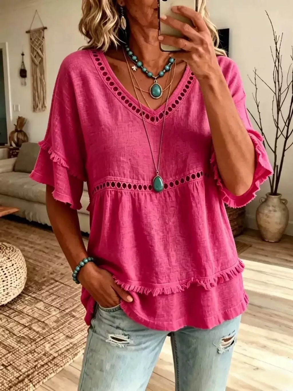 Eyelet V-Neck Frayed Edge T-Shirt