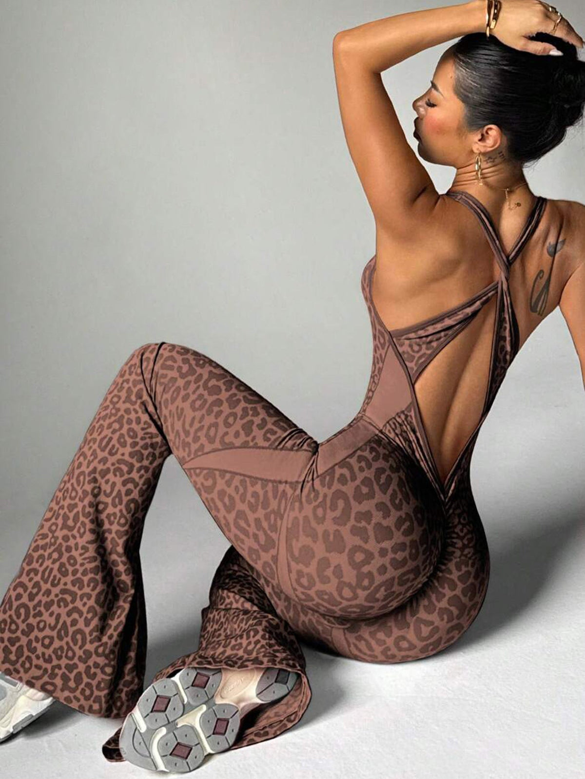 European And American Cross-Border Leopard Print Cross-Back Seamless Flared Yoga Jumpsuit For Fitness And Leisure