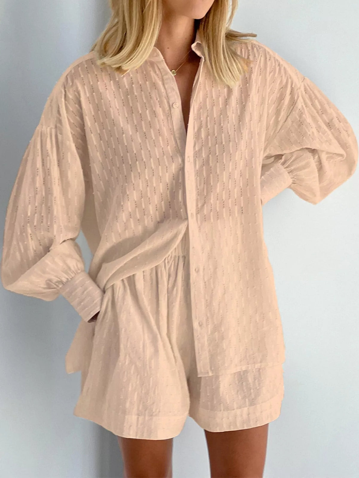 Textured Button-Down Shirt and Shorts Set