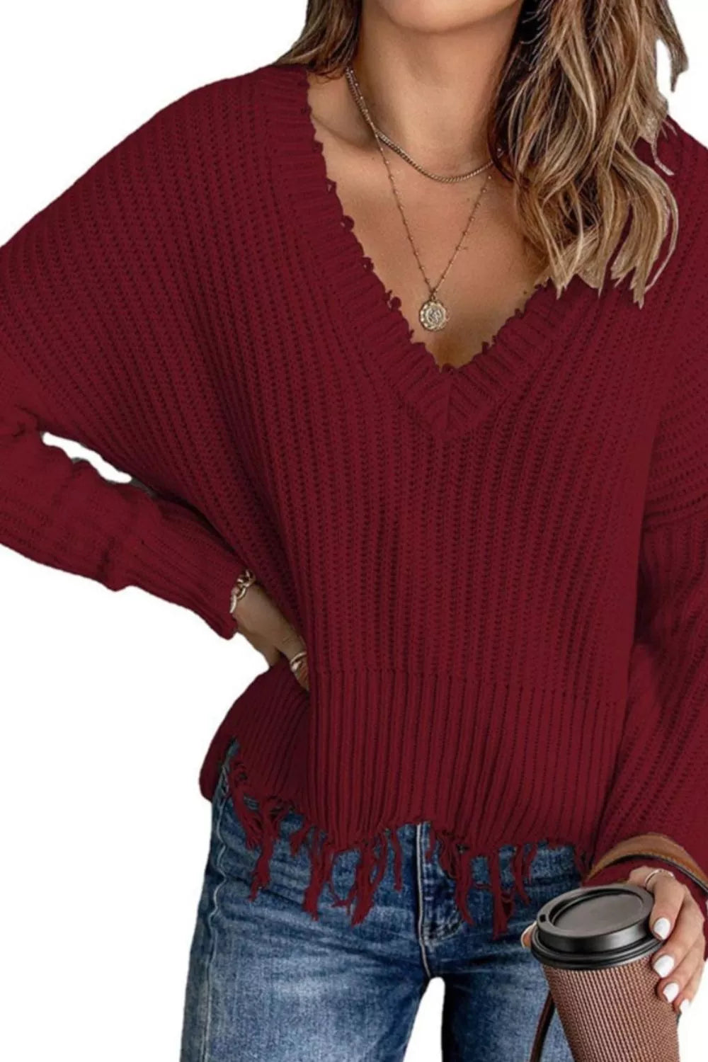 Full Size Raw Hem V-Neck Sweater Plus Size