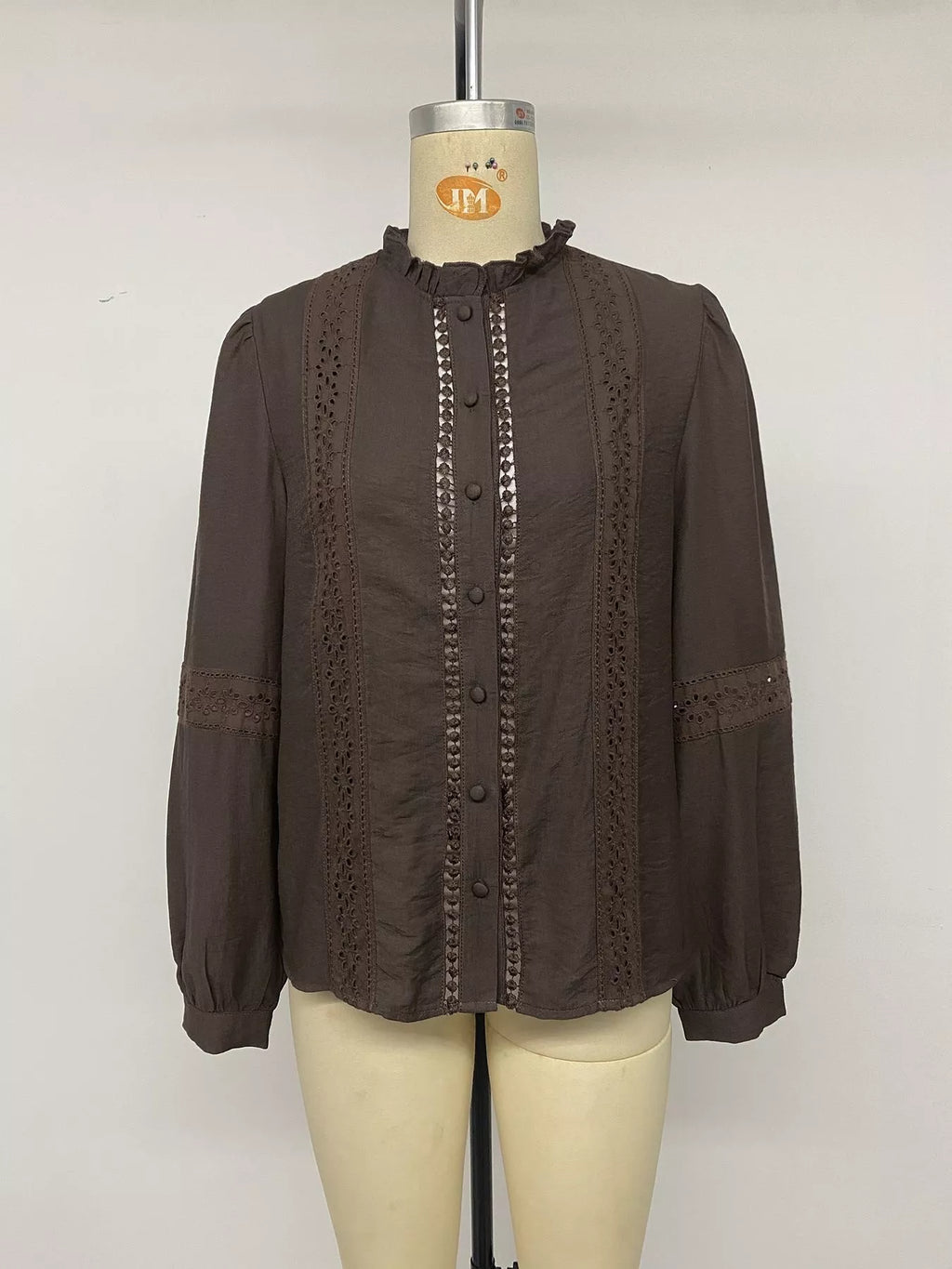 Eyelet Lace Trim Long Sleeve Blouse