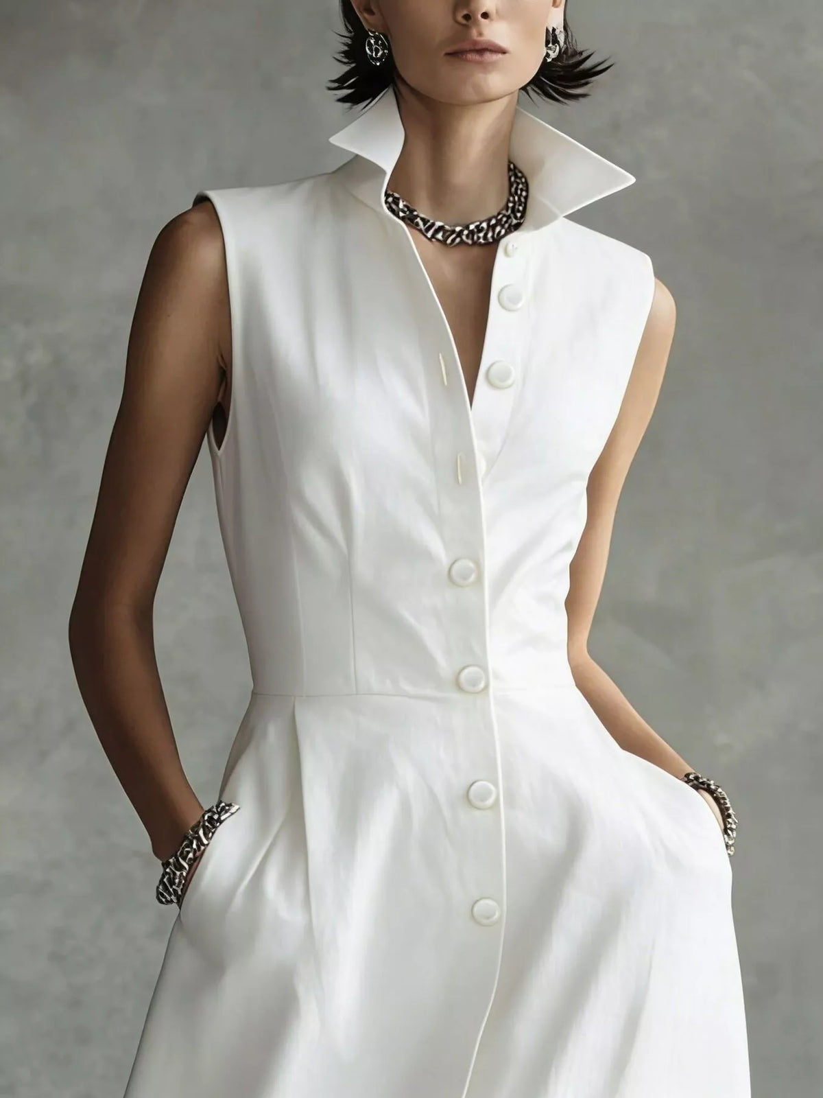 Sleeveless Button-Down Midi Shirt Dress
