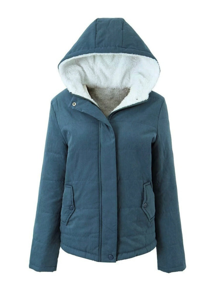 Womens Fleece-lined Hooded Loose-fit Cotton Coat Plus Size