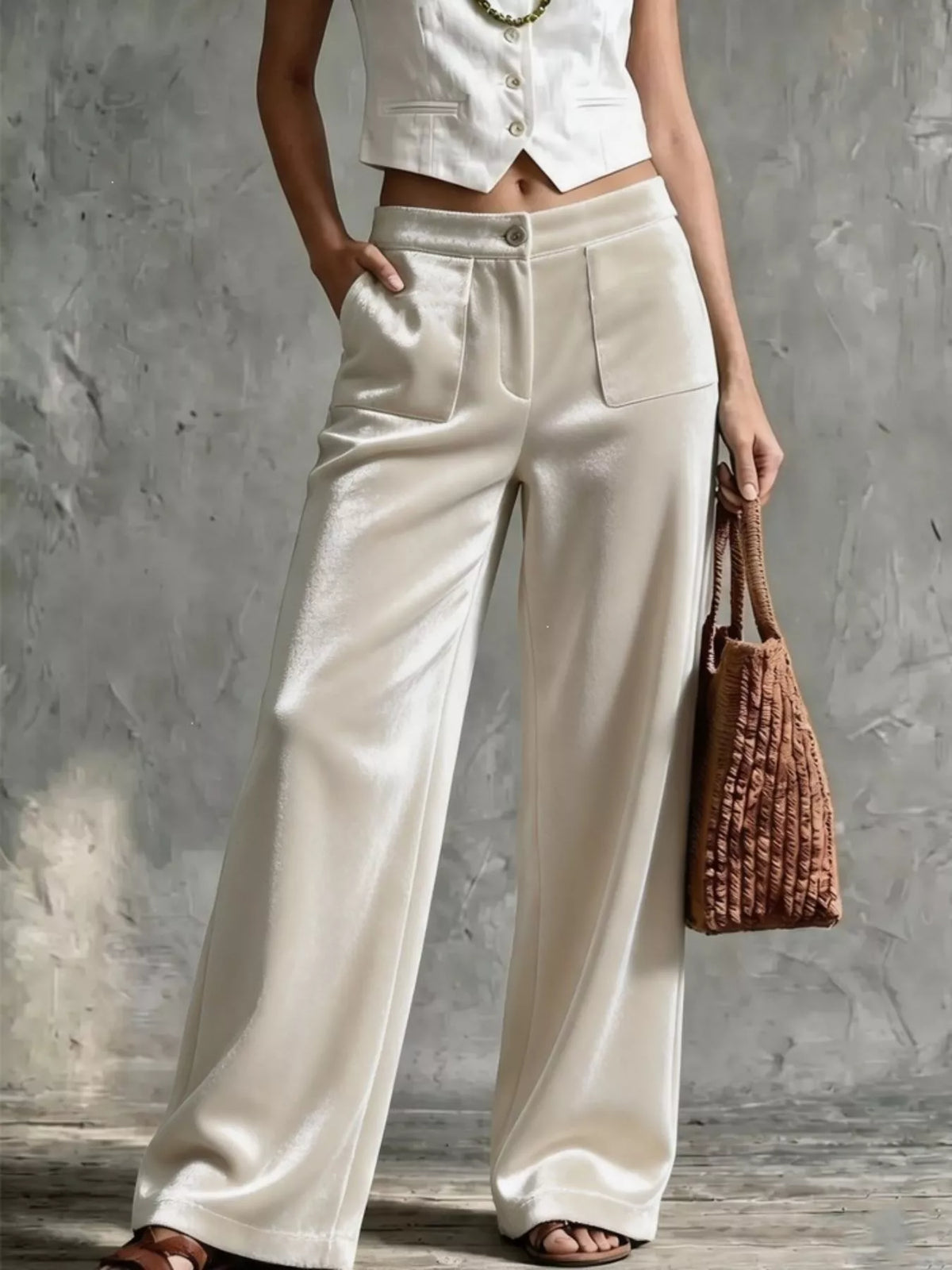 Full Size High-Waisted Wide-Leg Velvet Pants with Front Pockets Plus Size