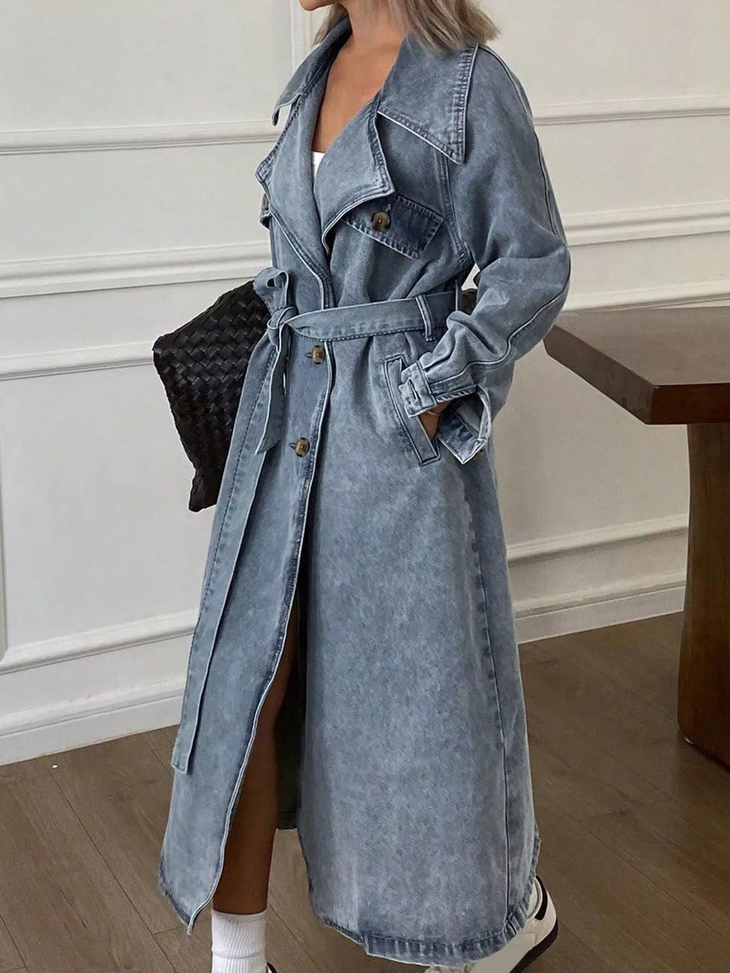 Vintage Washed Longline Denim Trench Jacket