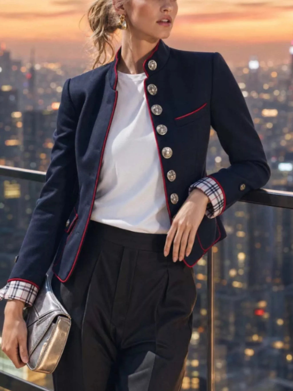 Military-Inspired Stand Collar Jacket with Red Piping