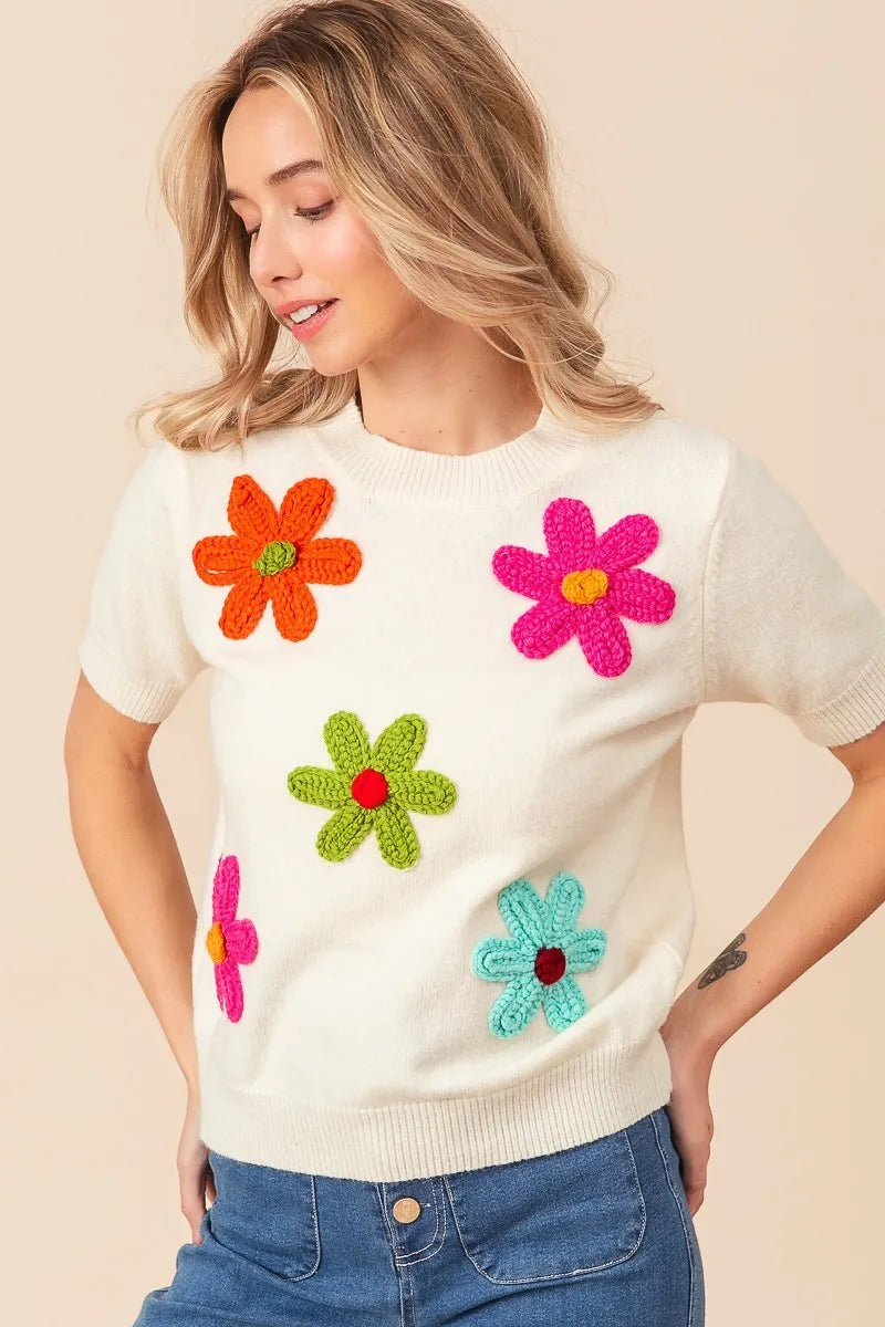 BiBi Crochet Flower Patch Sweater Top