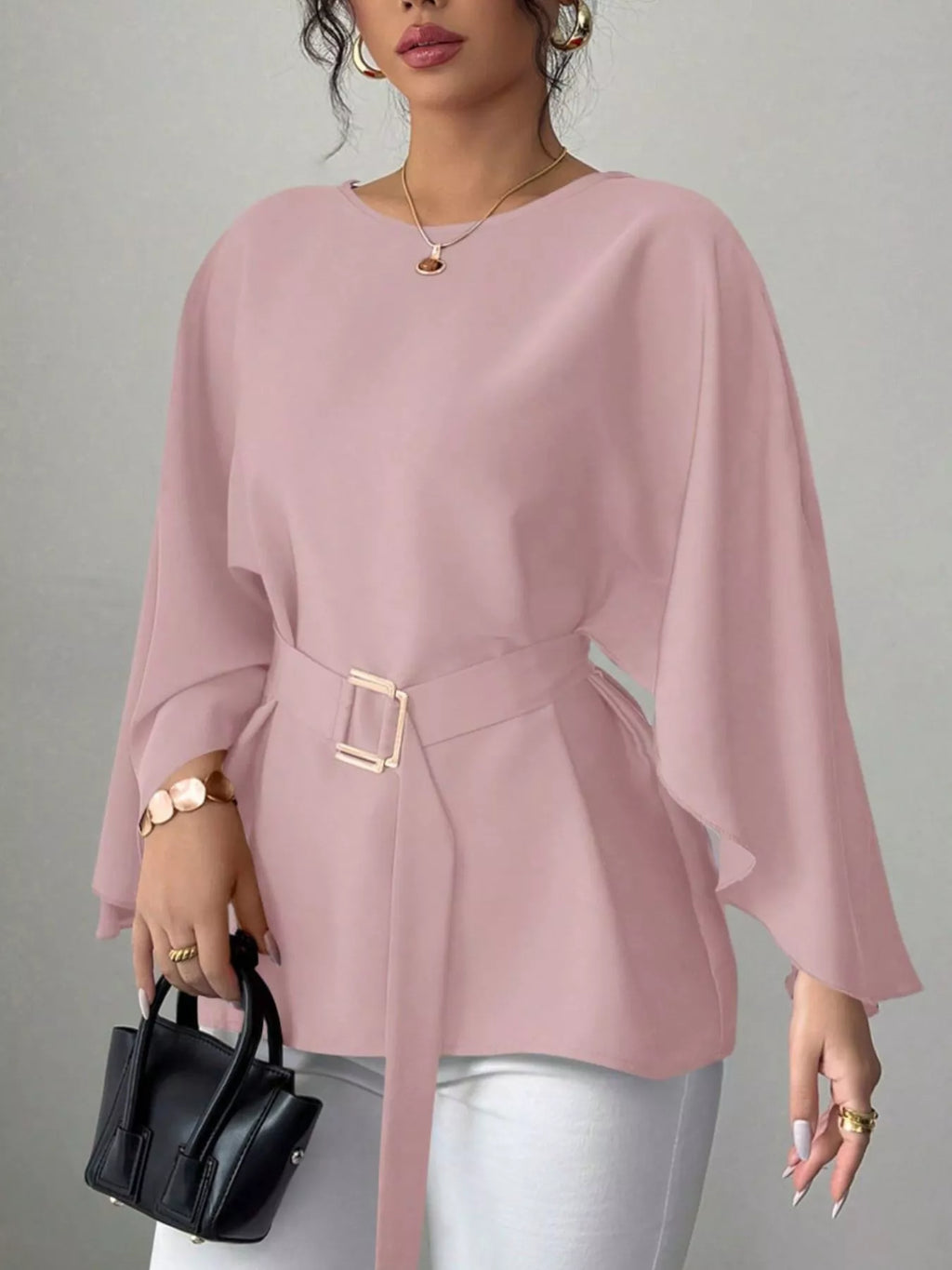 Round Neck Belt Batwing Sleeve Blouse
