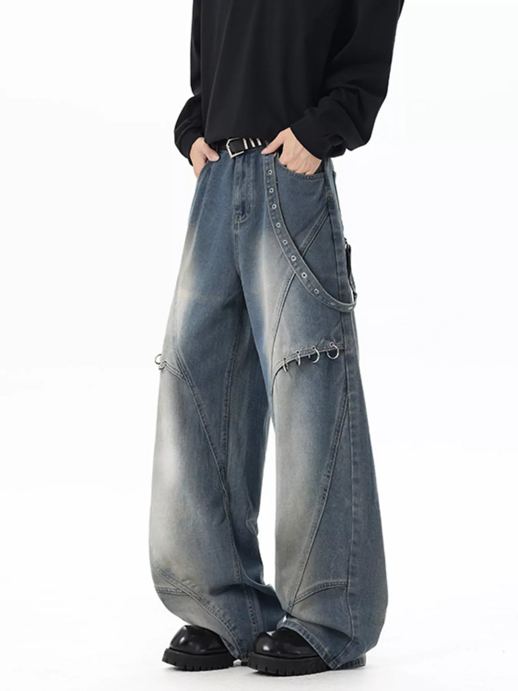 Men's Full Size Wide-Leg Denim Jeans with Metal Ring Plus Size