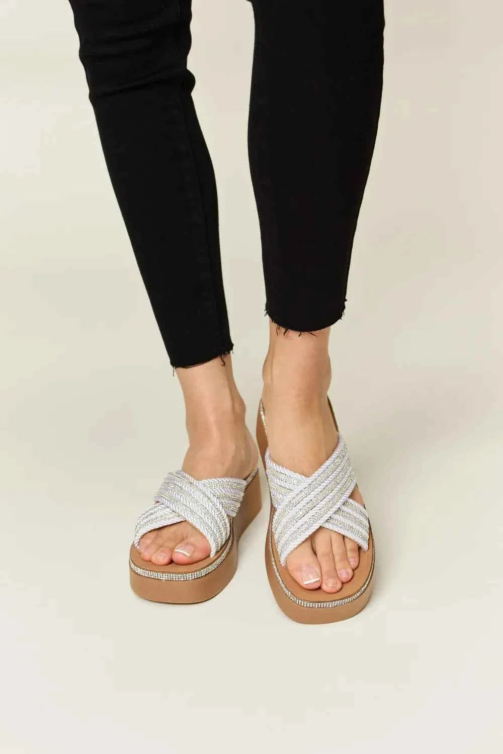 Rhinestone Criss-Cross Platform Wedge Sandals