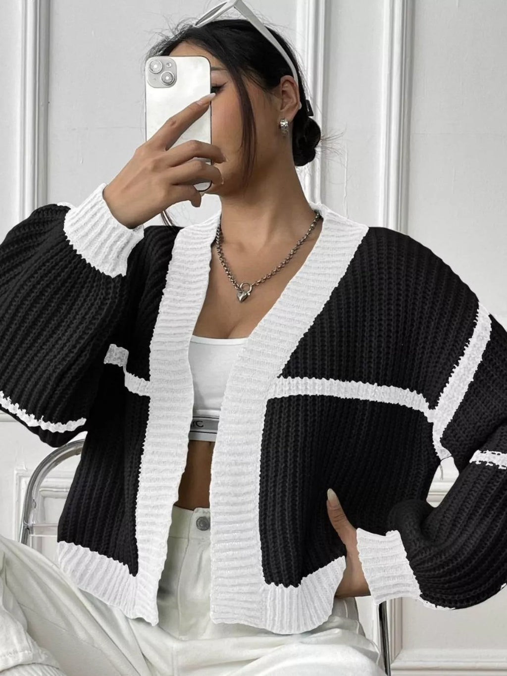 Color-Block Ribbed Knit Open-Front Cropped Cardigan