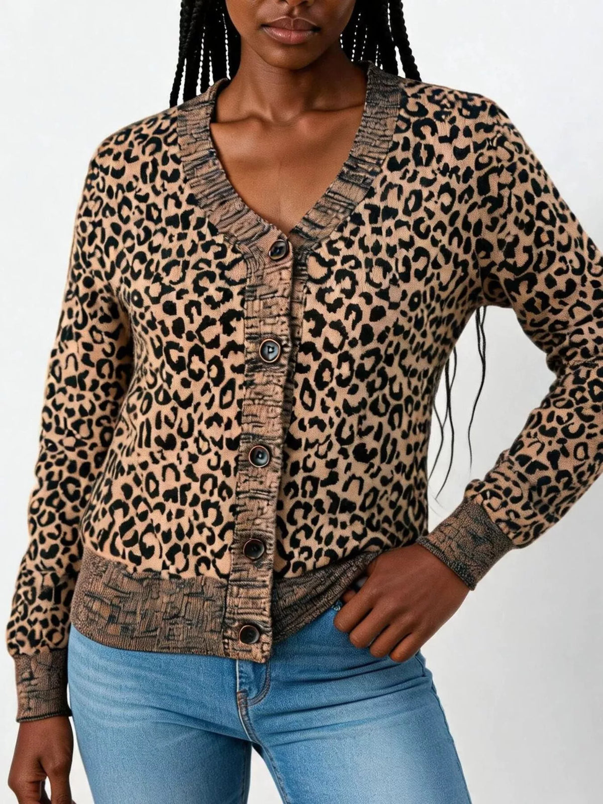 Leopard V-Neck Button-Down Cardigan