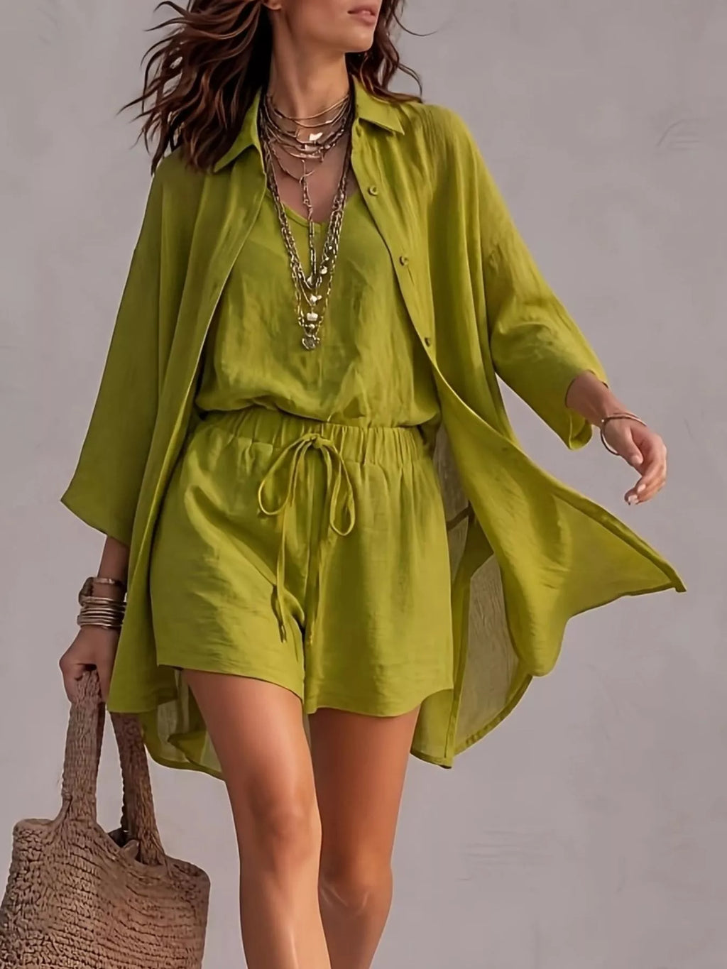 V-Neck Tank & Button-Down Shirt and Shorts Set