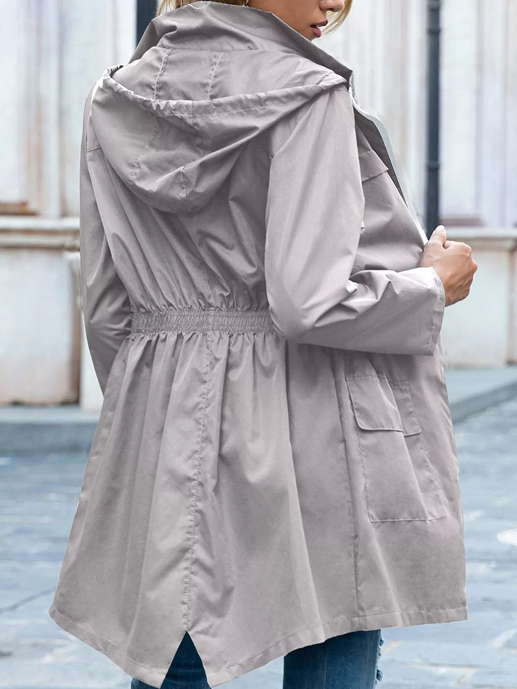Zip Up Drawstring Waist Hooded Jacket