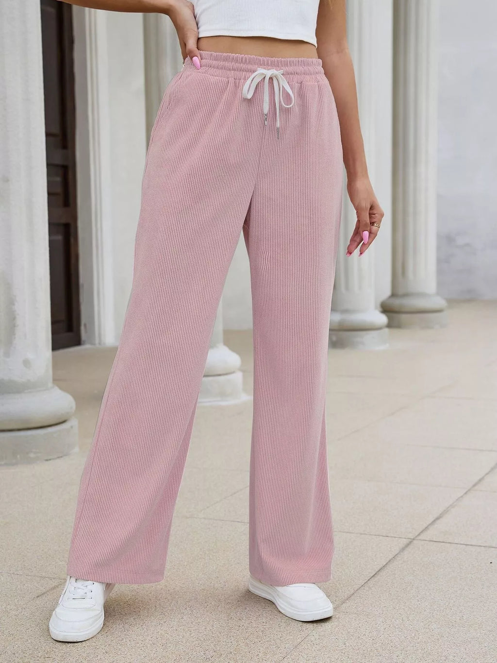 High-Waisted Drawstring Wide-Leg Casual Pants
