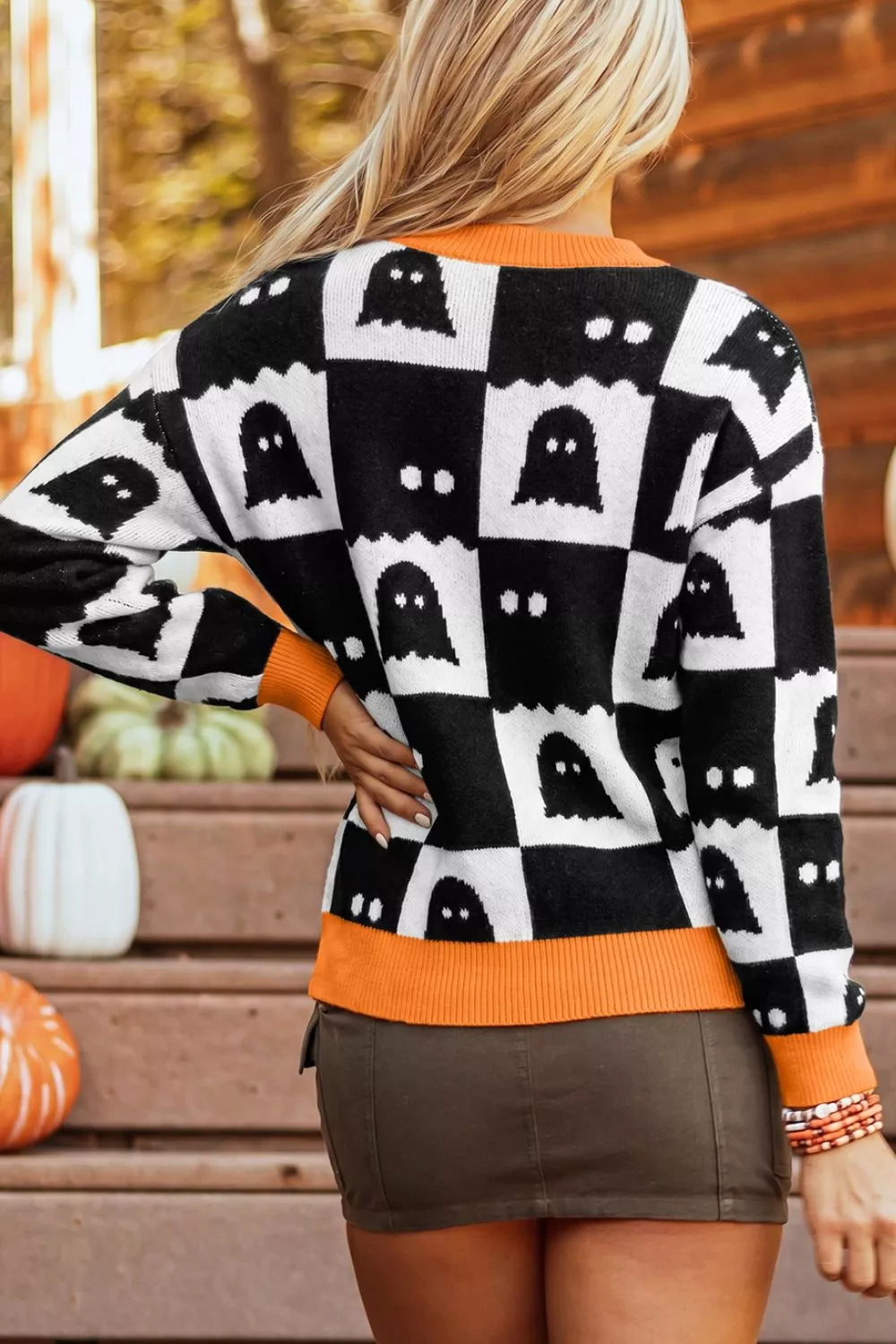 Halloween Ghost Pattern Checkerboard Sweater