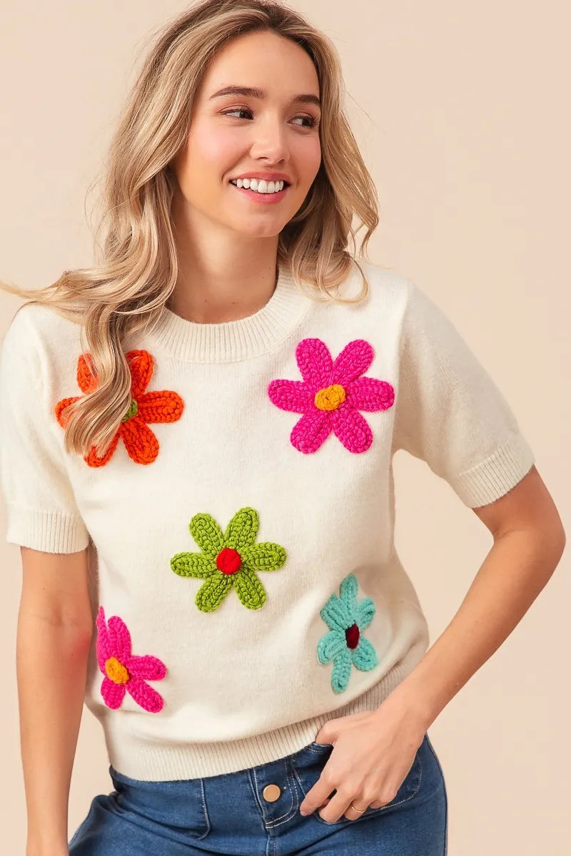 BiBi Crochet Flower Patch Sweater Top