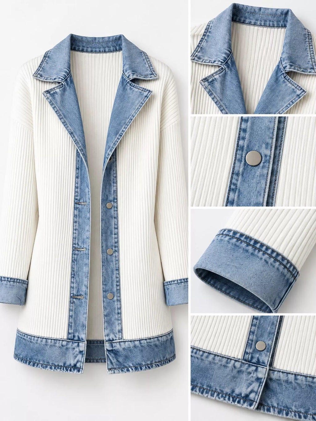 Full Size Denim Trim Ribbed Knit Cardigan Plus Size