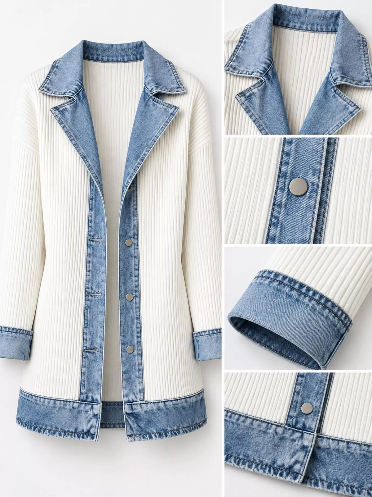 Full Size Denim Trim Ribbed Knit Cardigan Plus Size