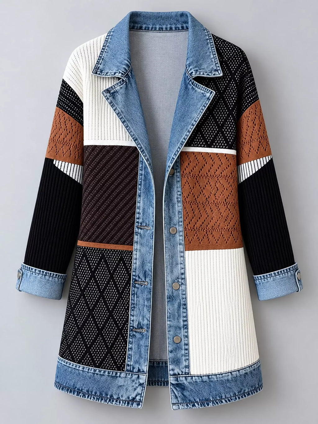 Full Size Denim Trim Ribbed Knit Cardigan Plus Size