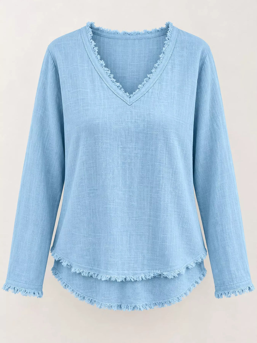Full Size Frayed Hem V-Neck Long Sleeve Blouse Plus Size