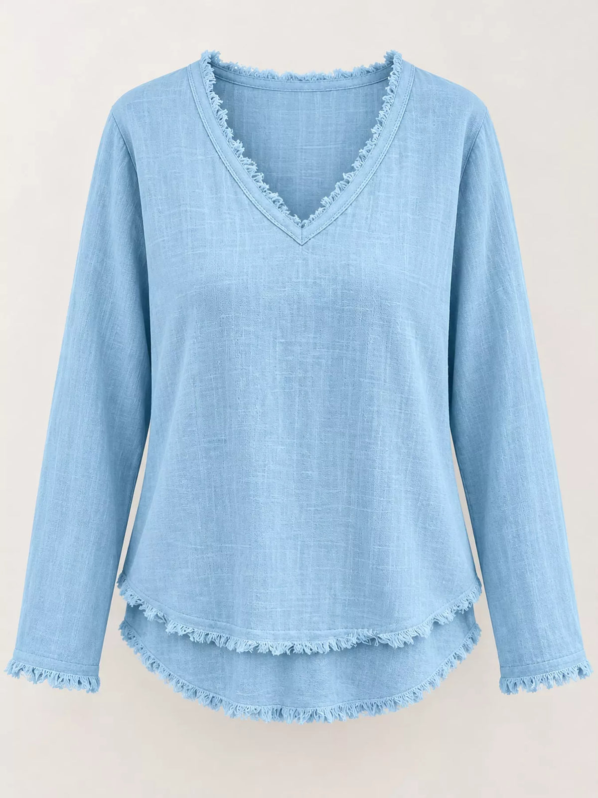 Full Size Frayed Hem V-Neck Long Sleeve Blouse Plus Size