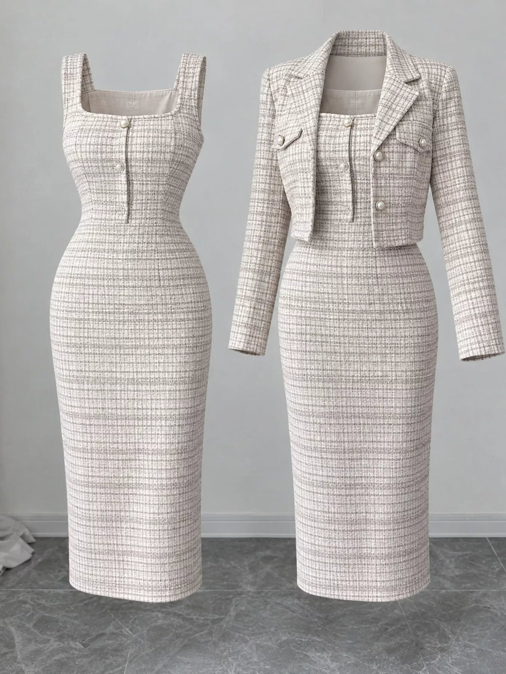 Tweed Square Neck Dress and Cardigan Set