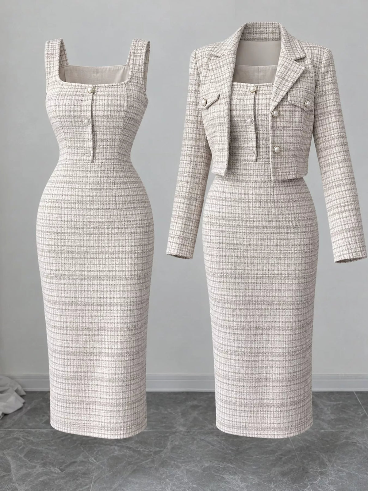Tweed Square Neck Dress and Cardigan Set