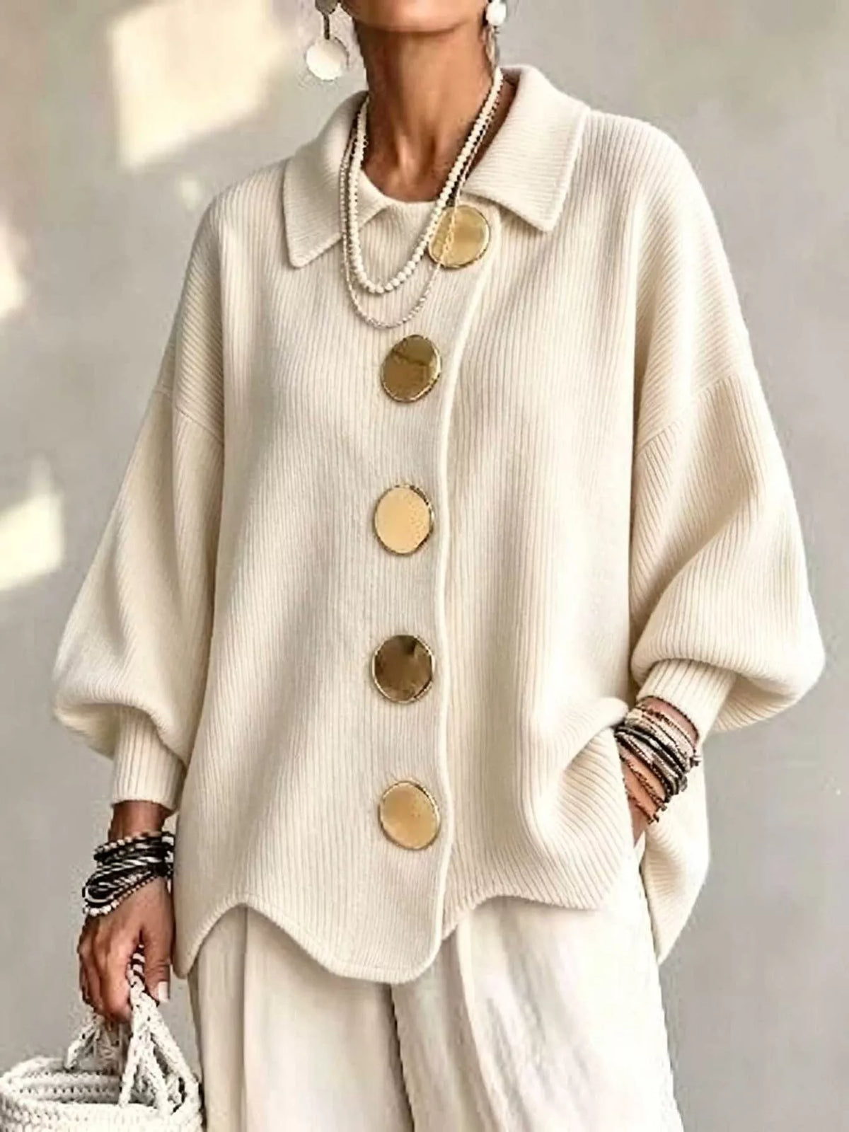 Full Size Ribbed Knit Gold Buttons Cardigan Plus Size