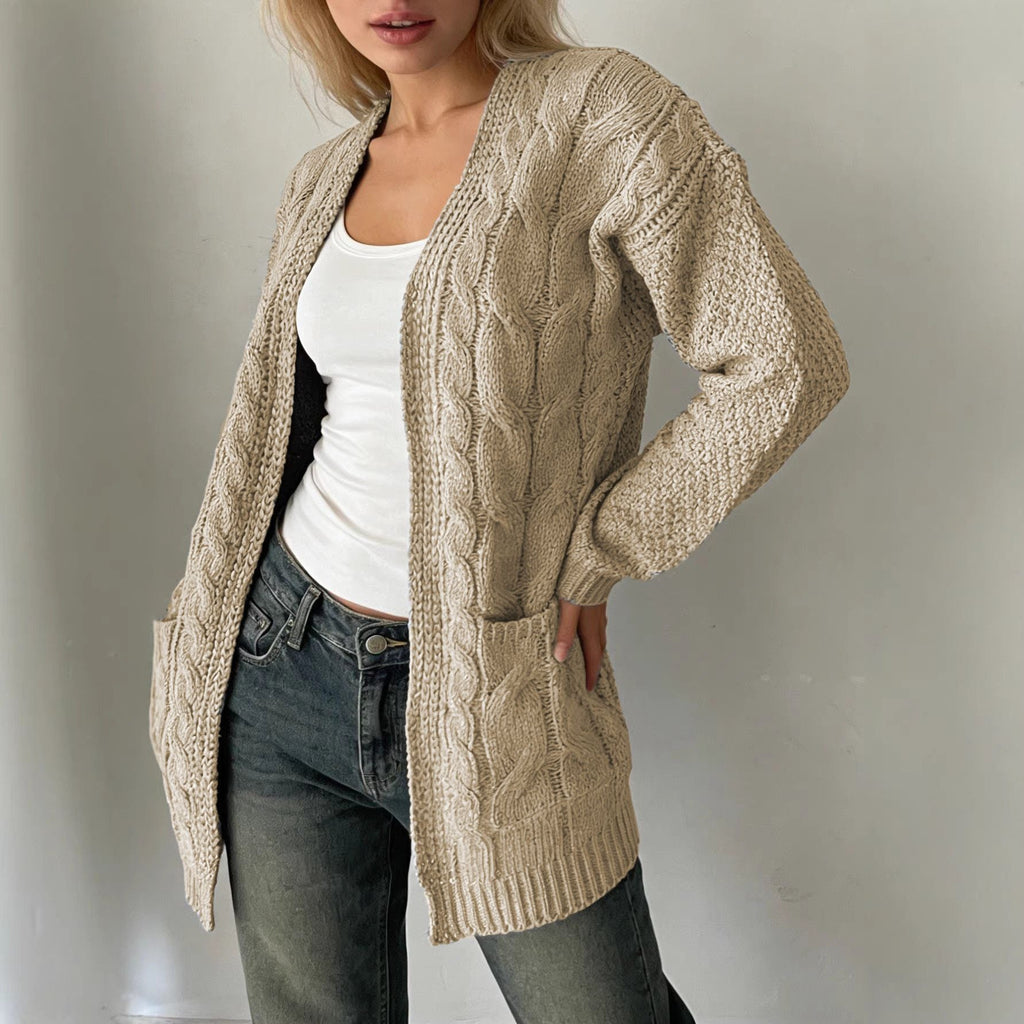 Solid-color Cable-knit Pocket Jacket For Women