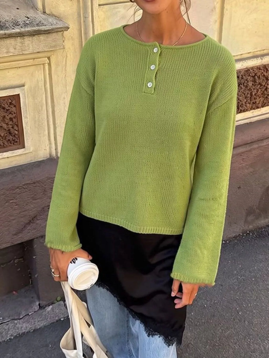 Button-Placket Round Neck Drop Shoulder Knit Top