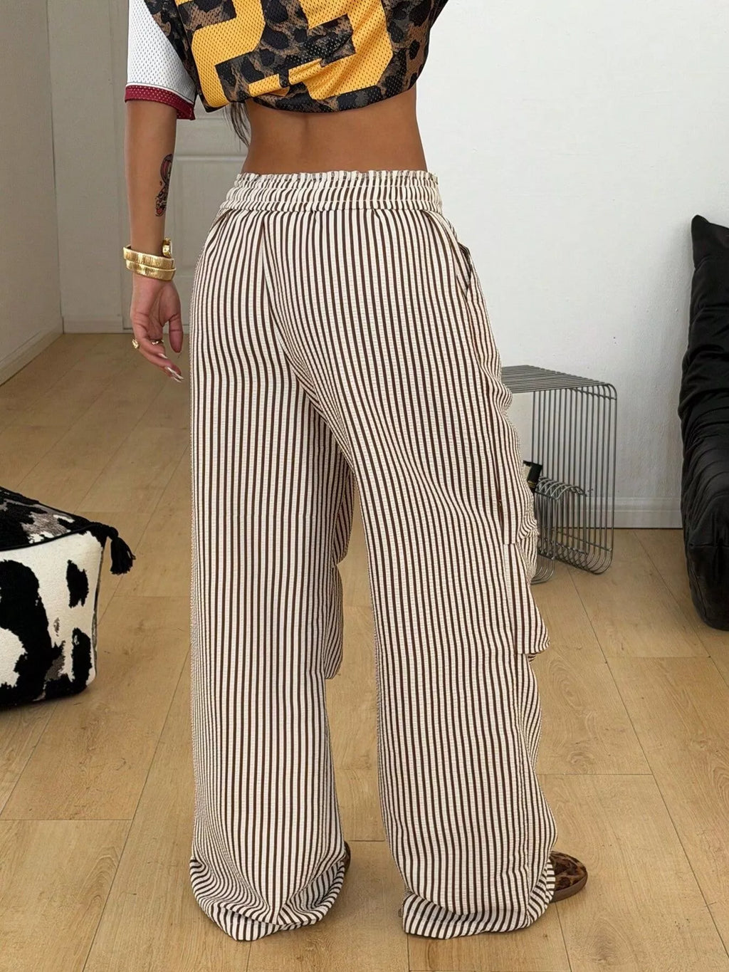 High-Waisted Striped Wide-Leg Cargo Pants with Drawstring