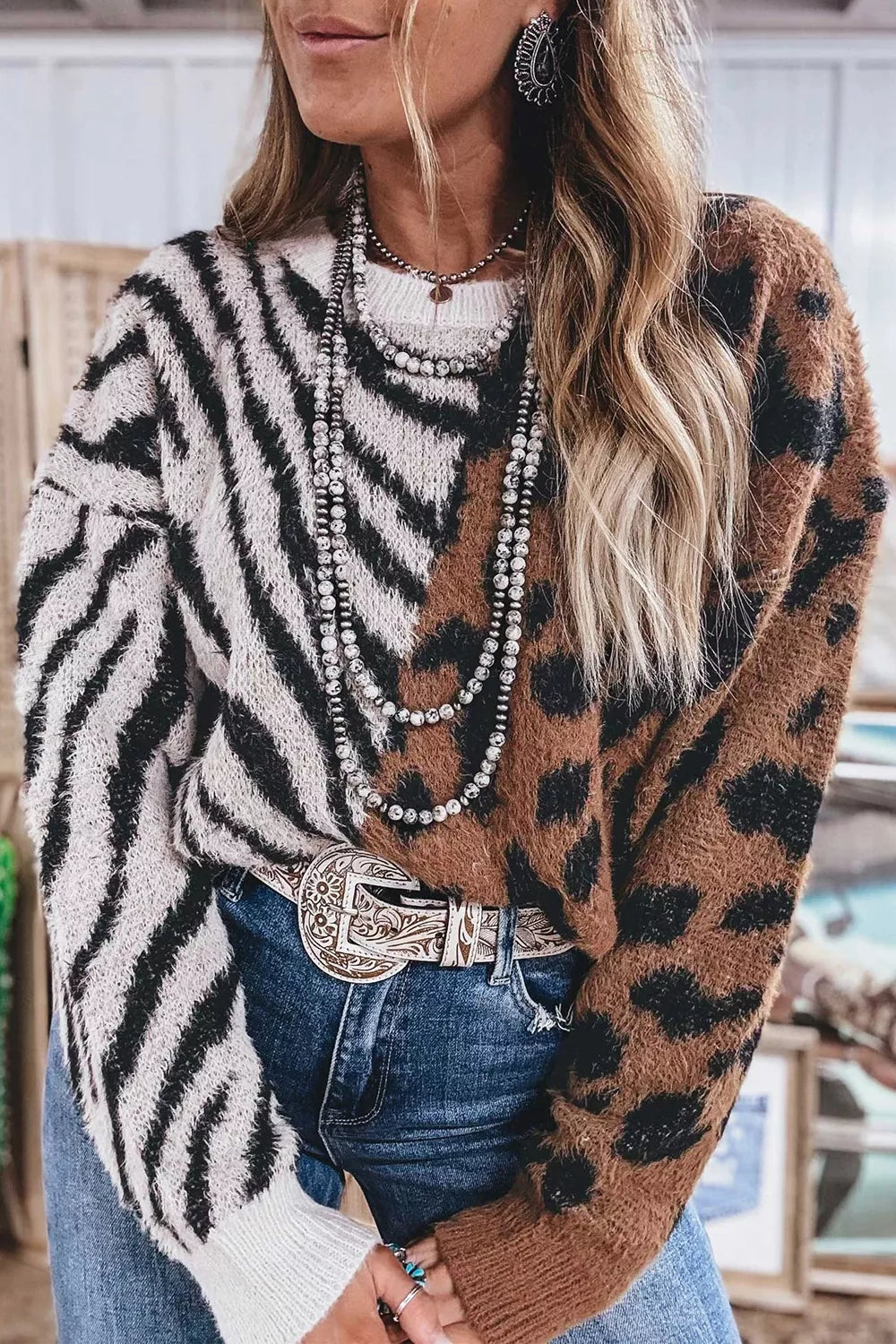 Western Leopard Zebra Print Long Sleeve Round Neck Sweater