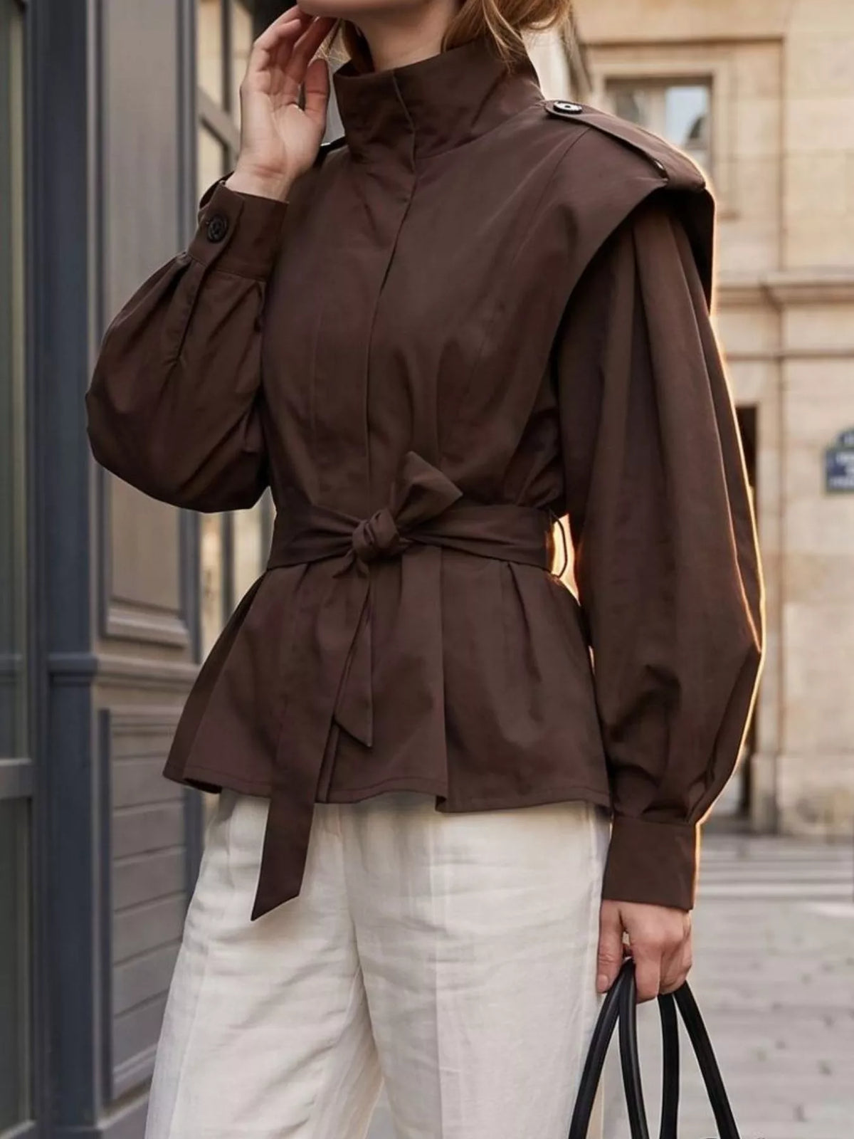 Stand-Collar Belted Outerwear
