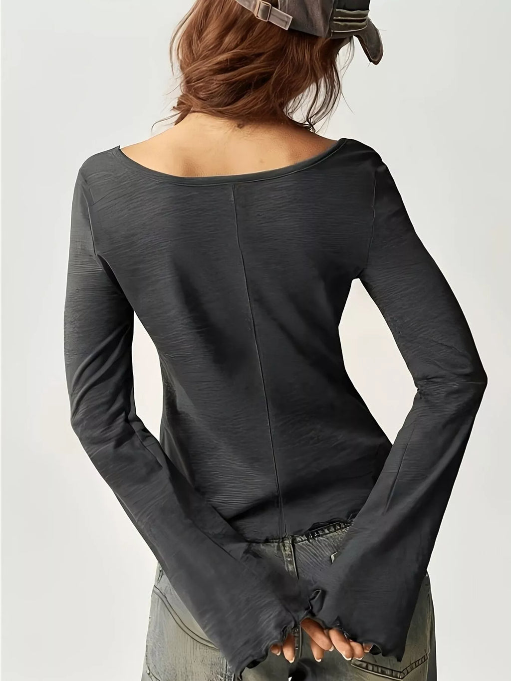 Square Neck Long Sleeve Slim-Fit T-Shirt