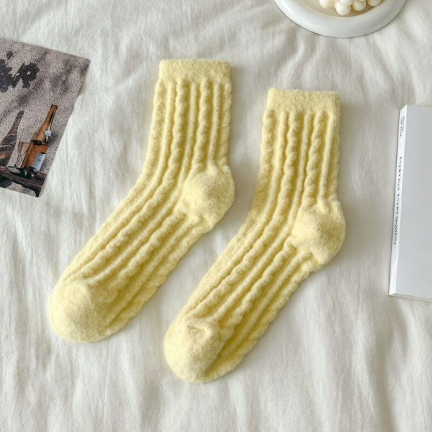 Thick Solid-color Mid-calf Cotton Socks For Women