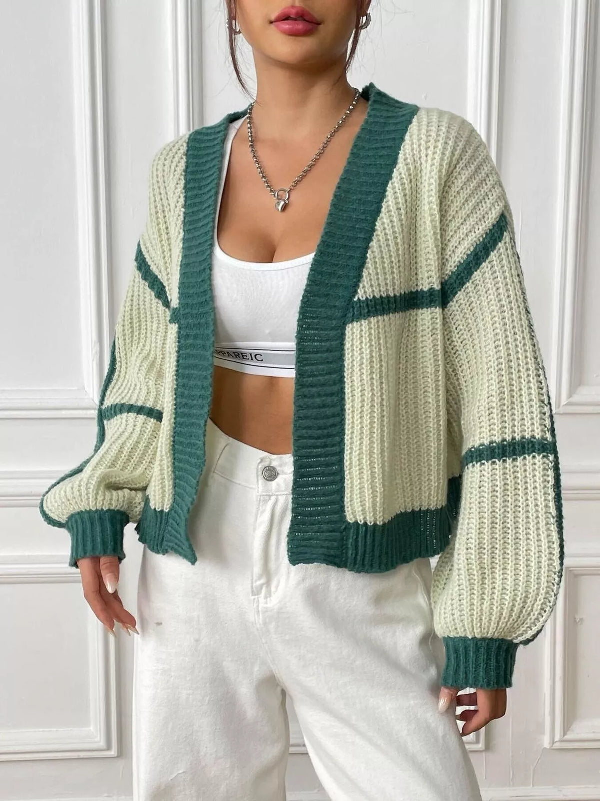 Color-Block Ribbed Knit Open-Front Cropped Cardigan